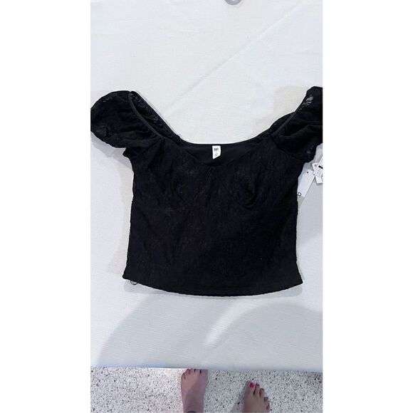 BP. Women's Off-the-Shoulder Textured Ruffle Lace Crop Top Black Size Small NWT - Picture 3 of 12